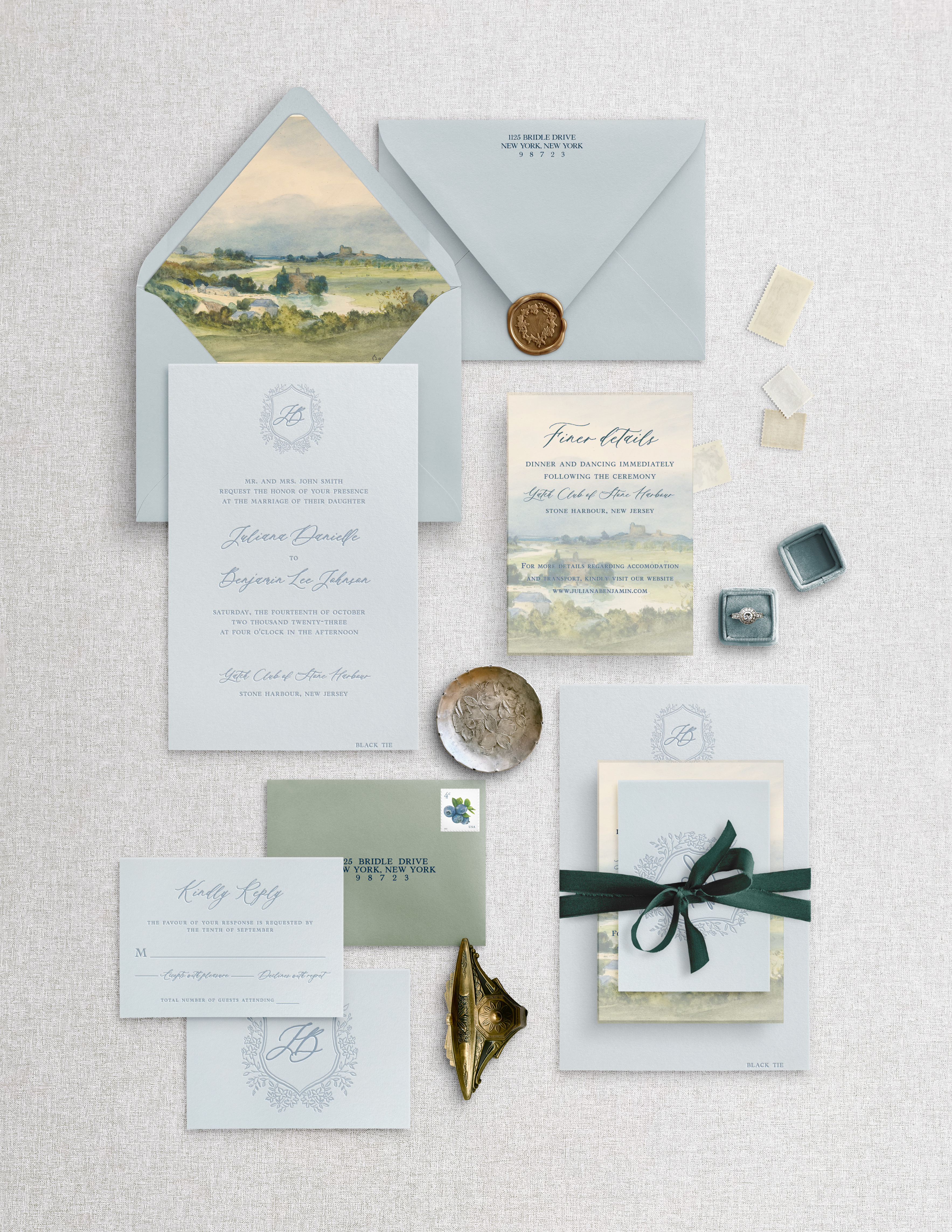 Full watercolor landscape wedding invitation suite with dusty blue envelope