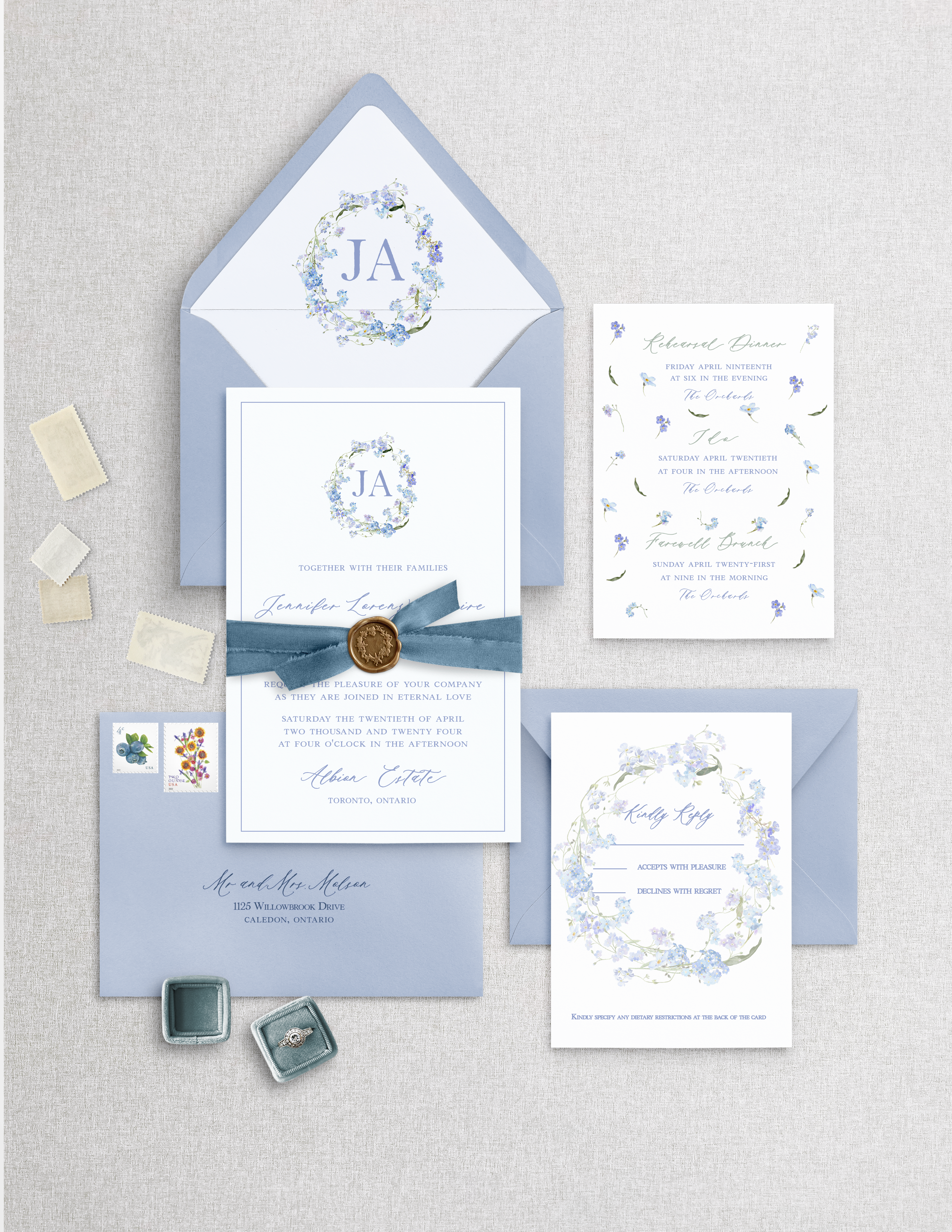 Periwinkle floral wreath monogram full wedding suite