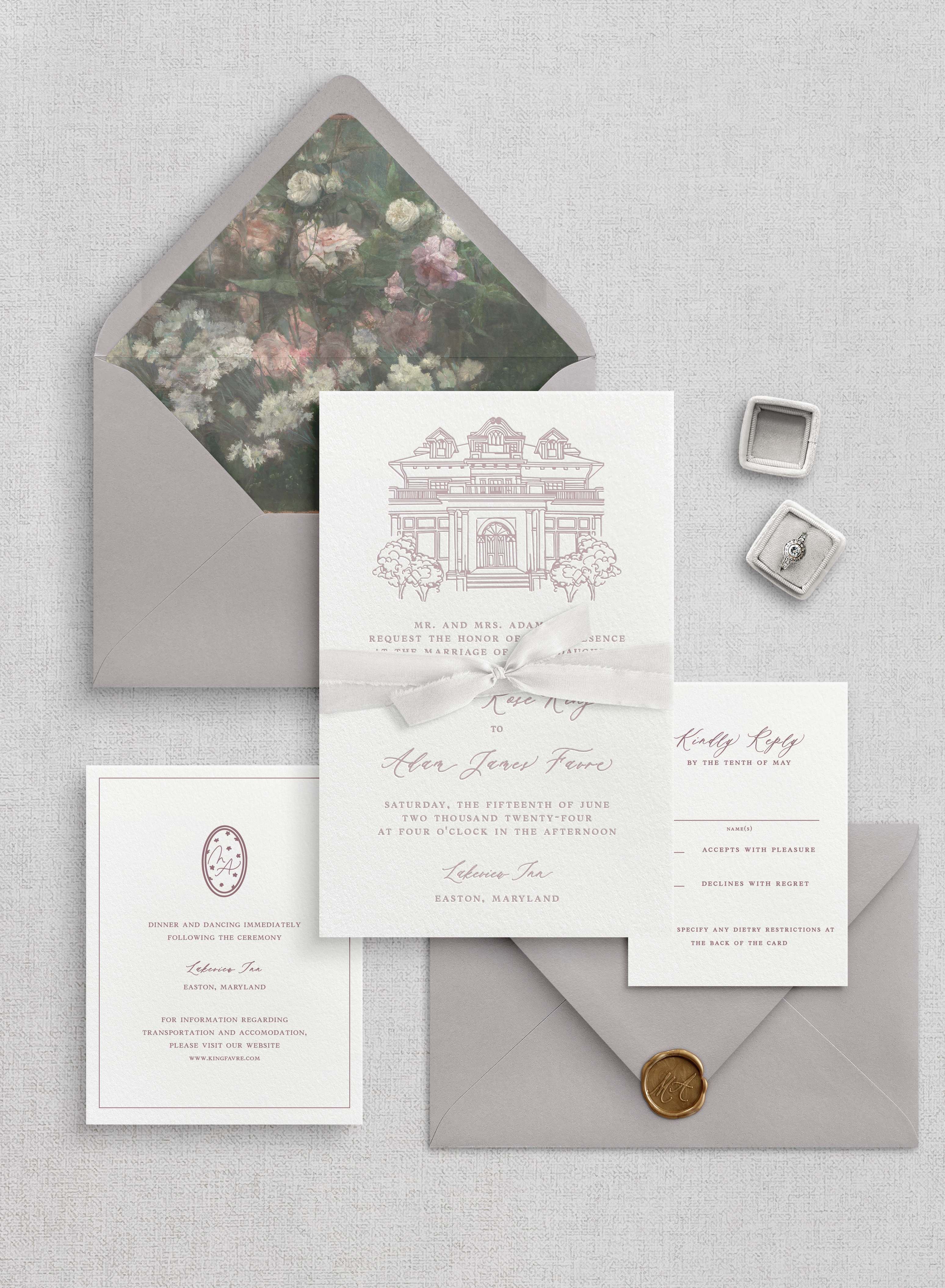 Grey and blush venue illustration wedding invitation suite